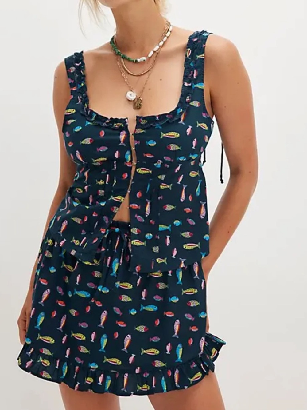 Free People Navy Fish-Print Two-Piece Swim Set with Multicolor Fish